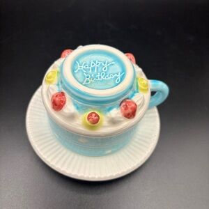 Russ Happy Birthday Cake Tea Coffee Cup with Handle & Saucer Decorated Gift Blue
